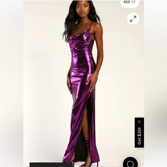 Glow For Me Purple Metallic Cowl Neck Maxi Dress - Picture 2 of 5